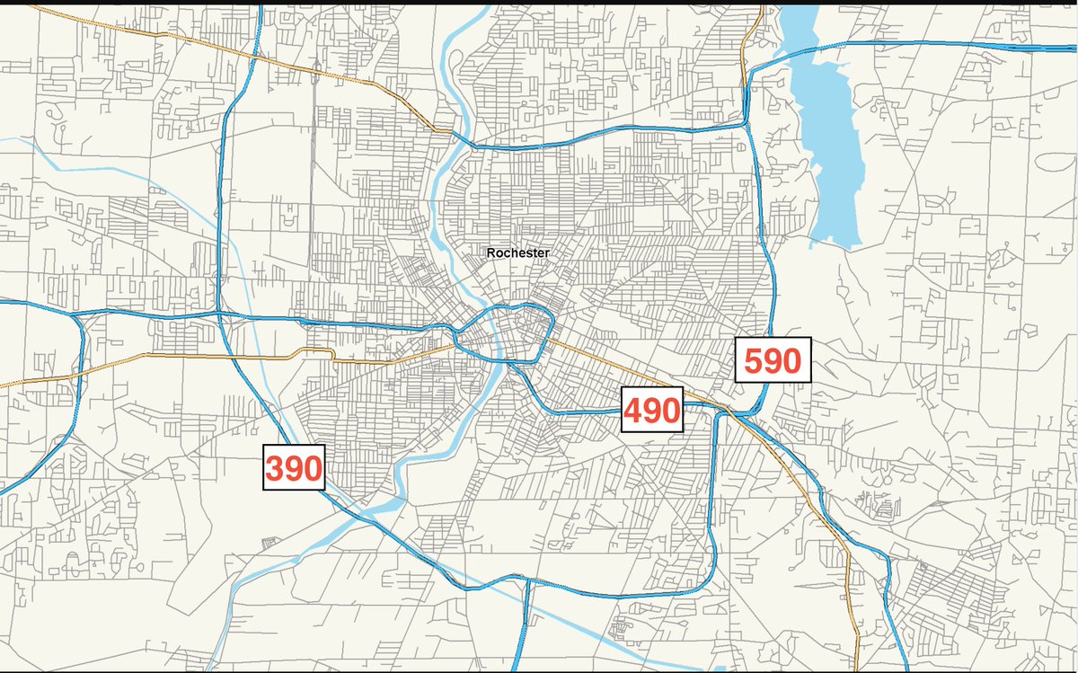14, There are 3 main highways in Rochester: 390, 490, and 590, all named due to their proximity to I-90 aka the NYS Thruway, which runs a dozen miles or so south of Rochester. 390 serves the west side, 590 the east, and 490 arcs through downtown, intersecting both.