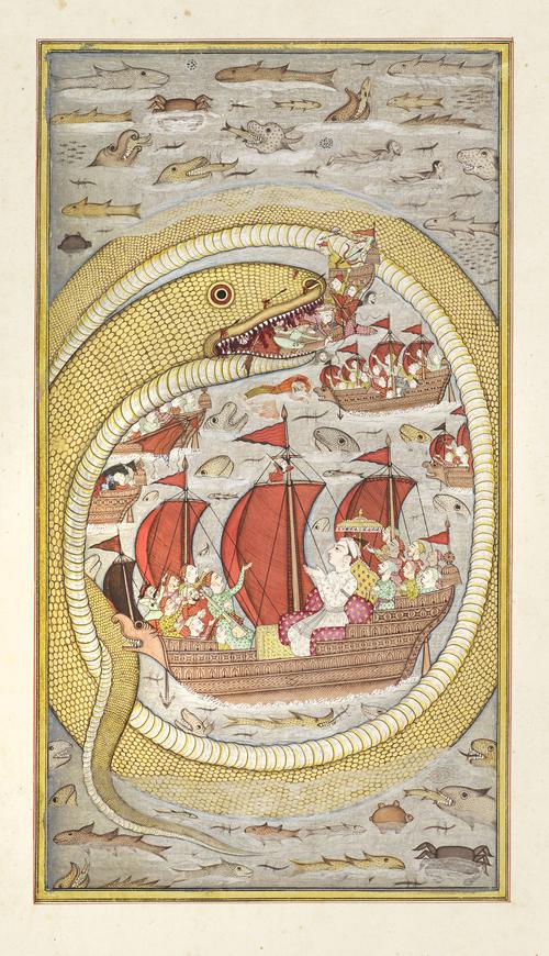 2) "A sea serpent swallows the royal fleet" now at the Aga Khan. Bijapur, Deccan, India 1670. More info:  https://agakhanmuseum.org/collection/artifact/sea-serpent-swallows-royal-fleet-akm167