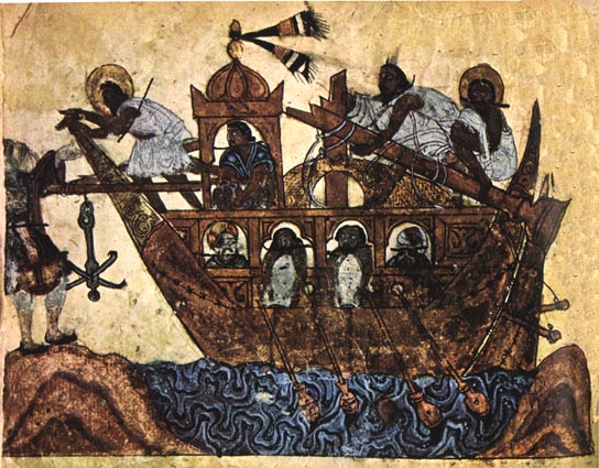 The wily Abu Zayd asking to be taken aboard a boat in Oman from the Maqamat al-Hariri, 13th century.This is also a more accurate image of ships at the time as opposed to some of the more fanciful ones