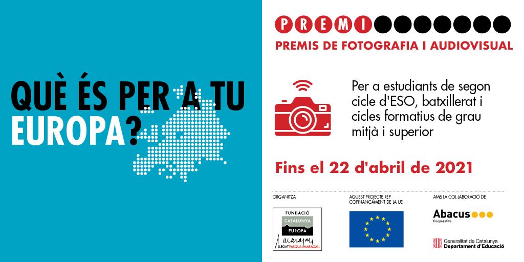 catalunyaeuropa's tweet photo. ‼️ Fins el 22 d'abril podeu presentar les vostres propostes al premi "Què és per a tu Europa?".

🗣️Dirigit a estudiants de 2n cicle d'ESO, batxilerats i cicles formatius de centres públics i concertats de #Catalunya.

@Europarl_CAT @educaciocat 
https://t.co/9zpwyAjqbA https://t.co/oyWrg7kMWt