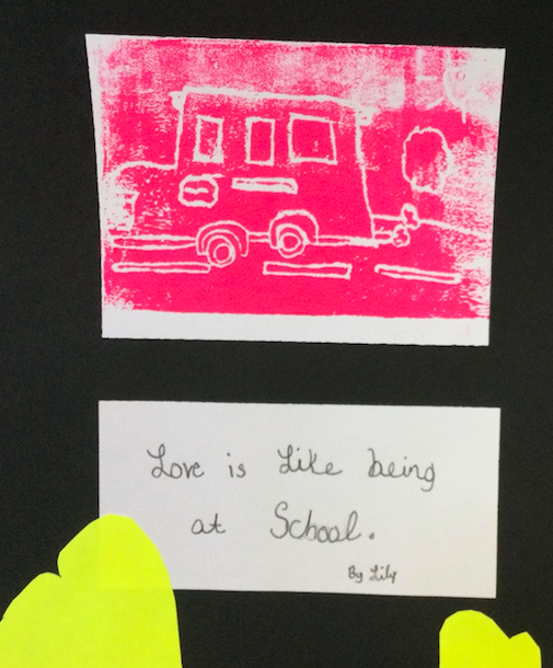 "Love is like being at school," according to Lily, third grader at Paton School. Lily created this printmaking project focused on what students love, for Art teacher, Sara Gustafson. Thank you, educators, parents, and caretakers! #ShrewsburyLearns <a href="/SPS_Partners/">Jane O. Lizotte</a>