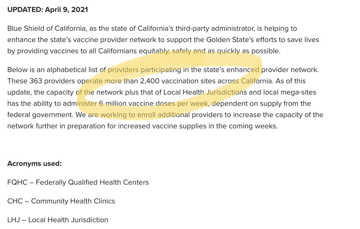 Fact check: several of the vaccination sites are supplied directly via parallel federal programs (e.g. FQHCs, retail pharmacies).Are they forced to become part of Blue Shield’s network? Or is Blue Shield overstating its role?source:  https://news.blueshieldca.com/2021/03/10/state-of-californias-enhanced-covid-19-vaccine-provider-network