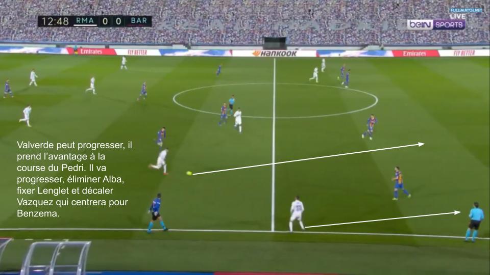 Sur son premier but, le Real va exposer une autre limite du marquage individuel du Barça en phase défensive. La 3ème image montre ce qui théoriquement devrait se passer au marquage pour le Barça. La 4ème montre l'ajustement réalisé avec Vazquez et Valverde