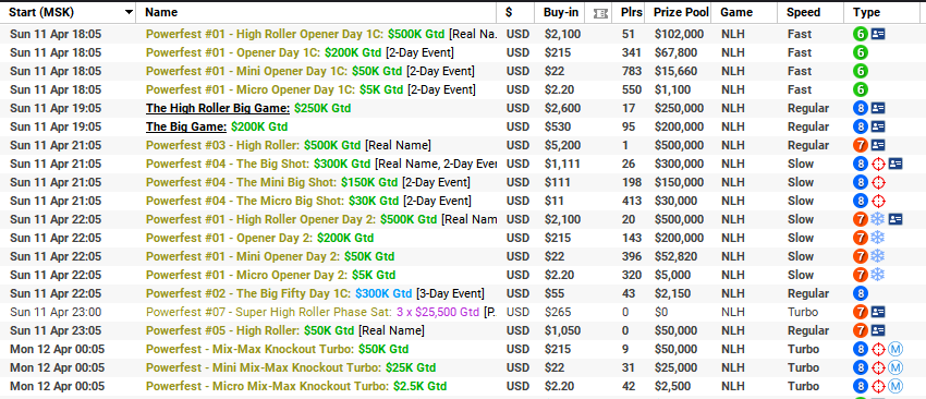 Today is the first #POWERFEST Sunday! The series will run till 27th April. All 1k+ buy-in are real name events.

Three main events [all 3-Day events]:
📌$1050 - $1M
📌$109 - $250k
📌$11 - $50k

See you at the tables!🍀
