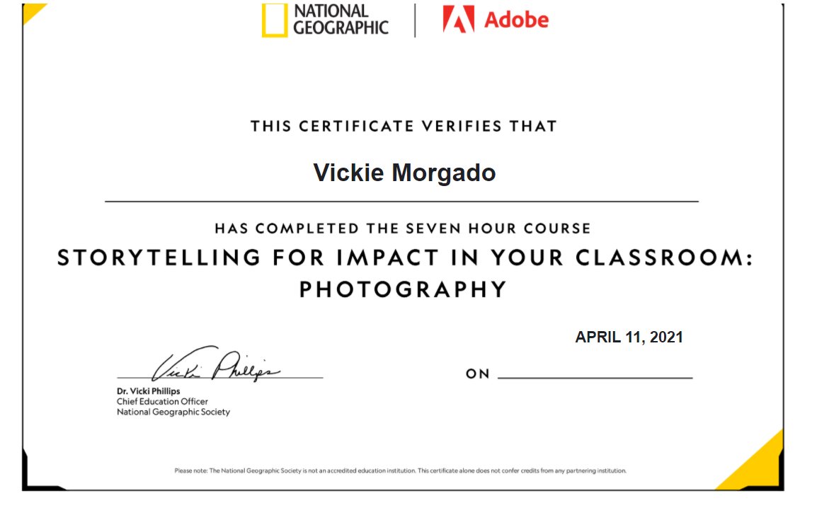 vickiemorgado1's tweet photo. Finished "Storytelling for Impact in Your classroom: Photography" course with #natgeoed @NatGeoEducation. Can't wait to use with students! Many connections with #geo, #visual arts, etc. Click here to take this short & FREE course: https://t.co/Lq3LLSv611 #storiescanchangetheworld https://t.co/9XKpwuRpGu