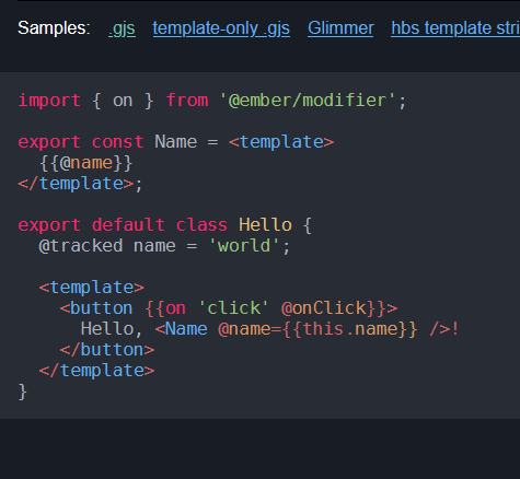 nullvoxpopuli's tweet image. Embedded &lt;template&gt; tags for @highlightjs Glimmer syntax!
Demo hljs-glimmer.nullvoxpopuli.com/?sample=gjs