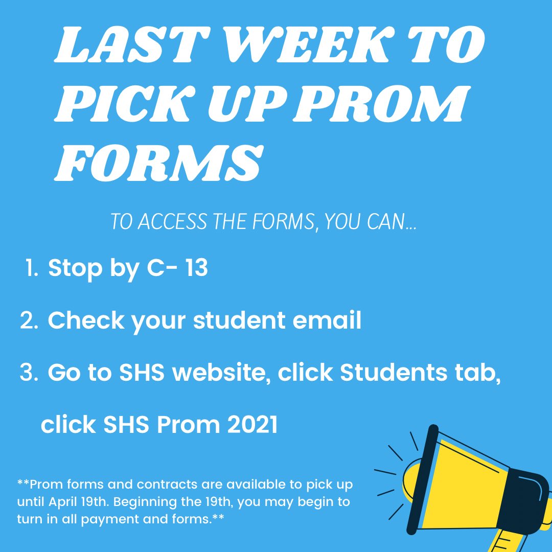 stevenson2021_'s tweet image. This is the last week to pick up all Prom forms! Next week reservations for SHS Seniors only will begin. Questions? See Ms. Rozman  in C-13. bit.ly/SHSProm2021Home