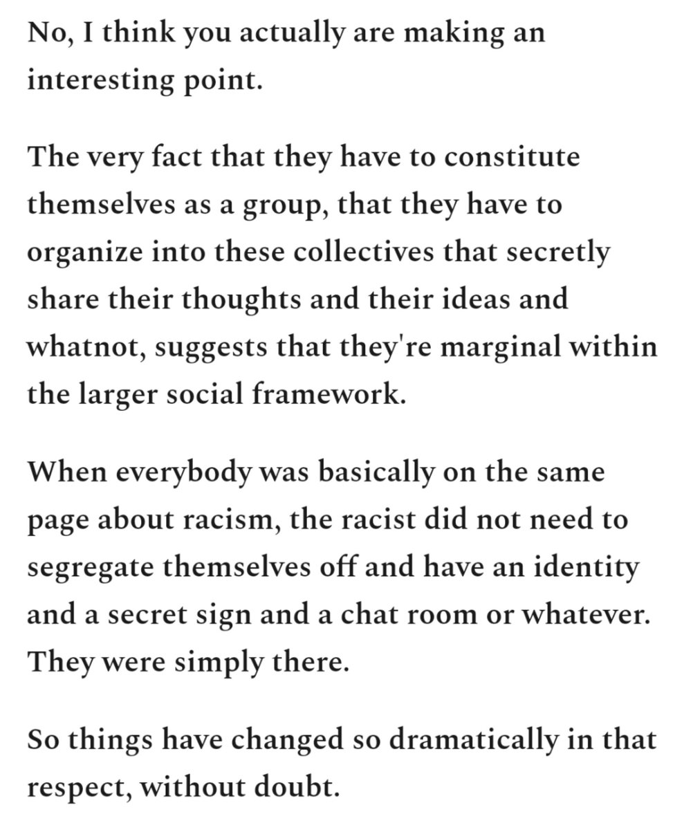 This is a few weeks old now, but I just want to highlight this discussion about "hate groups" between  @GlennLoury and  @JohnHMcWhorter in which they seem to either forget or ignore the KKK and Citizens Councils of the 1950s.It's painfully embarrassing.  https://glennloury.substack.com/p/doing-our-part