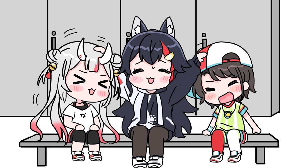 nakiri ayame ,ookami mio ,oozora subaru multiple girls 3girls wolf ears horns animal ears black hair wolf girl  illustration images