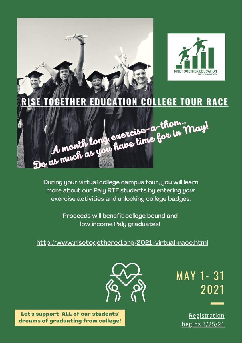 Join us for our virtual race - but real life exercise-a-thon. Register today! Don't have time? Please DONATE! We have over a dozen hardworking new graduates to support this spring. RiseTogetherEd.org
#paloalto  #siliconvalley #compassion <a href="/PalyVikings/">Palo Alto High</a>