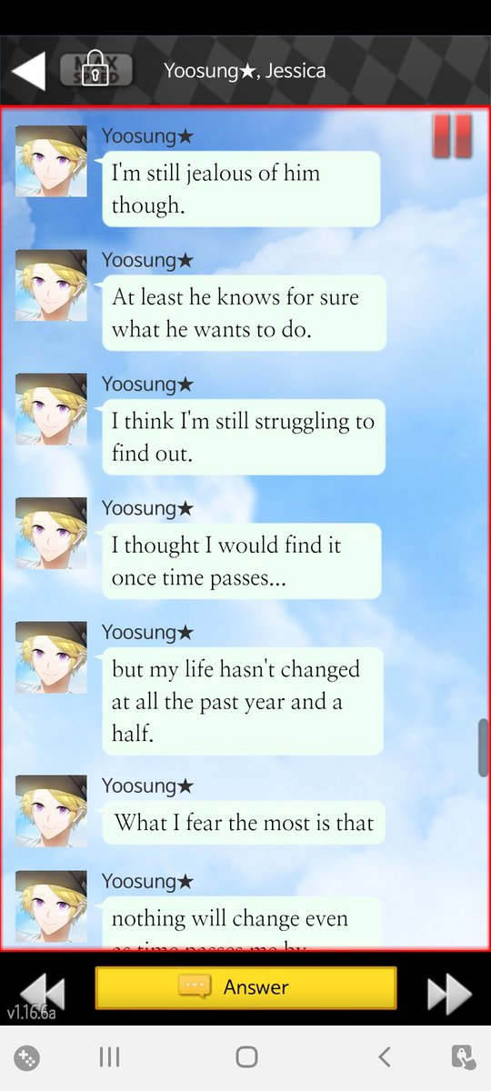 :< remembering that Rika was the one who encouraged him to go to college, and that the reason he wanted to become a vet was because of Rika's dog.It sucks when you enter another route and you see how the other RFA members are doing without your support