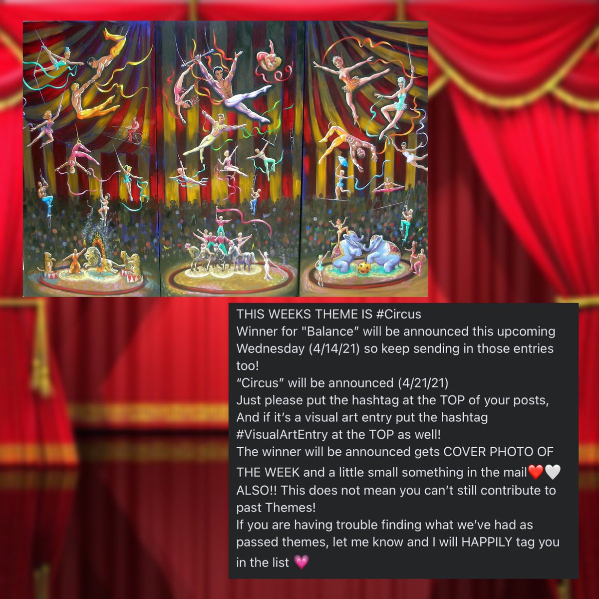 PShmoetry's tweet photo. This weeks #theme is #Circus
Artist credit: Tom Foral 🤍❤️💛

So if you have, or feel #inspired to #create any type of #art or #poetry that fits this theme, feel free to check our bio and join our #kind, #creative and #supportive #artcommunity 

#trapese #elephant #circusarts https://t.co/eGz9EdFfCQ