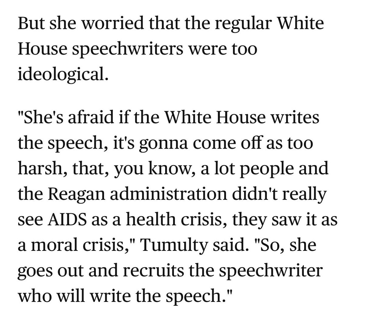 Here’s what the CBS Sunday Morning article goes on to say about Reagan’s first public statement on AIDS—again, this is in 1987; AIDS has been a full-fledged crisis for *over half the decade*: