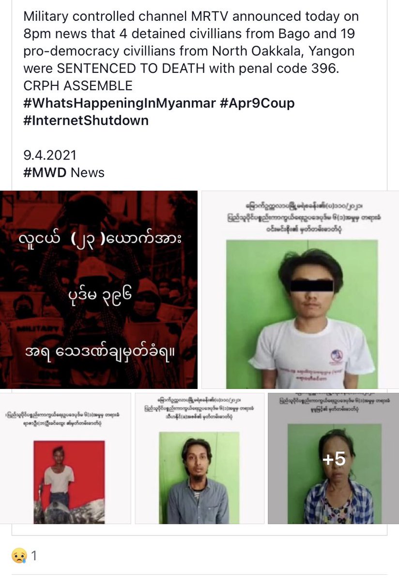 Khing_H_Aye's tweet photo. #WhatsHappeningInMyanmar Junta ownedchannel MRTV announced that 23 protesters were SENTENCED TO DEATH with penal code 396.We live in a country where rapists aren't charged with death penalty yet,PROTESTING FOR DEMOCRACY is charged with DEATH PENALTY. @UN_HRC 
#CondemnDeathPenalty https://t.co/zrGJ8kpZ08