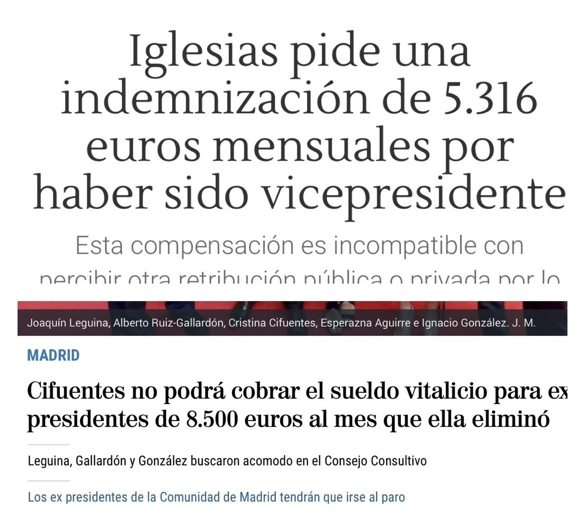 <a href="/ccifuentes/">Cristina Cifuentes</a> eliminó el suelo vitalicio para expresidentes y se fue sin cobrar nada. Iglesias, el anticasta, el que no iba a cobrar nunca más 3 veces el salario mínimo, se ha hecho millonario en este tiempo y quiere seguir percibiendo el sueldo del puesto que ya no ejerce. 🤫🤥😡