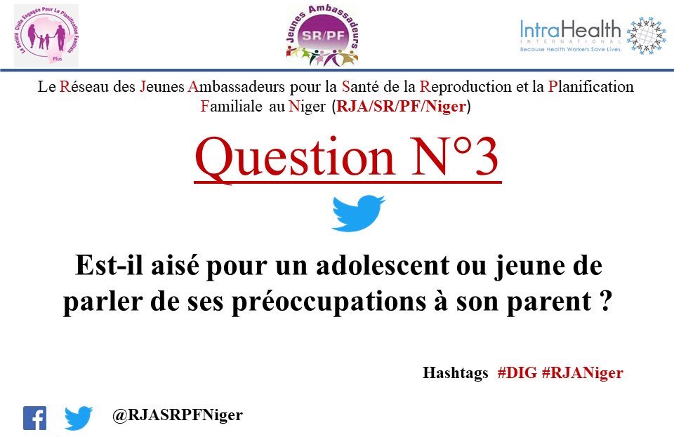 Réseau JASRPF Niger (@rjasrpfniger) on Twitter photo Q3: Est-il aisé pour un adolescent ou jeune de parler de ses préoccupations à son parent ?
<a href="/boub227/">Fayçal🇳🇪</a> @MariamAbdou2 <a href="/POuagaPF/">Partenariat de Ouaga</a> <a href="/MissBa/">Marie Ba</a> <a href="/EmilienneAssama/">Emilienne Assama</a> <a href="/DIALLOMOCTAR07/">Dr Moctar DIALLO</a> <a href="/IntraHealth/">IntraHealth International</a> <a href="/OSCPFAFRIQUE/">OSCPF AFRIQUE</a> <a href="/Baza_gneize/">Baza Gneizé</a>  <a href="/ALLIANCEJASRPF/">Alliance des Jeunes Ambassadeurs pour la SR/PF/AO</a> 
#DIG #RJANiger Q3: Est-il aisé pour un adolescent ou jeune de parler de ses préoccupations à son parent ?
<a href="/boub227/">Fayçal🇳🇪</a> @MariamAbdou2 <a href="/POuagaPF/">Partenariat de Ouaga</a> <a href="/MissBa/">Marie Ba</a> <a href="/EmilienneAssama/">Emilienne Assama</a> <a href="/DIALLOMOCTAR07/">Dr Moctar DIALLO</a> <a href="/IntraHealth/">IntraHealth International</a> <a href="/OSCPFAFRIQUE/">OSCPF AFRIQUE</a> <a href="/Baza_gneize/">Baza Gneizé</a>  <a href="/ALLIANCEJASRPF/">Alliance des Jeunes Ambassadeurs pour la SR/PF/AO</a> 
#DIG #RJANiger