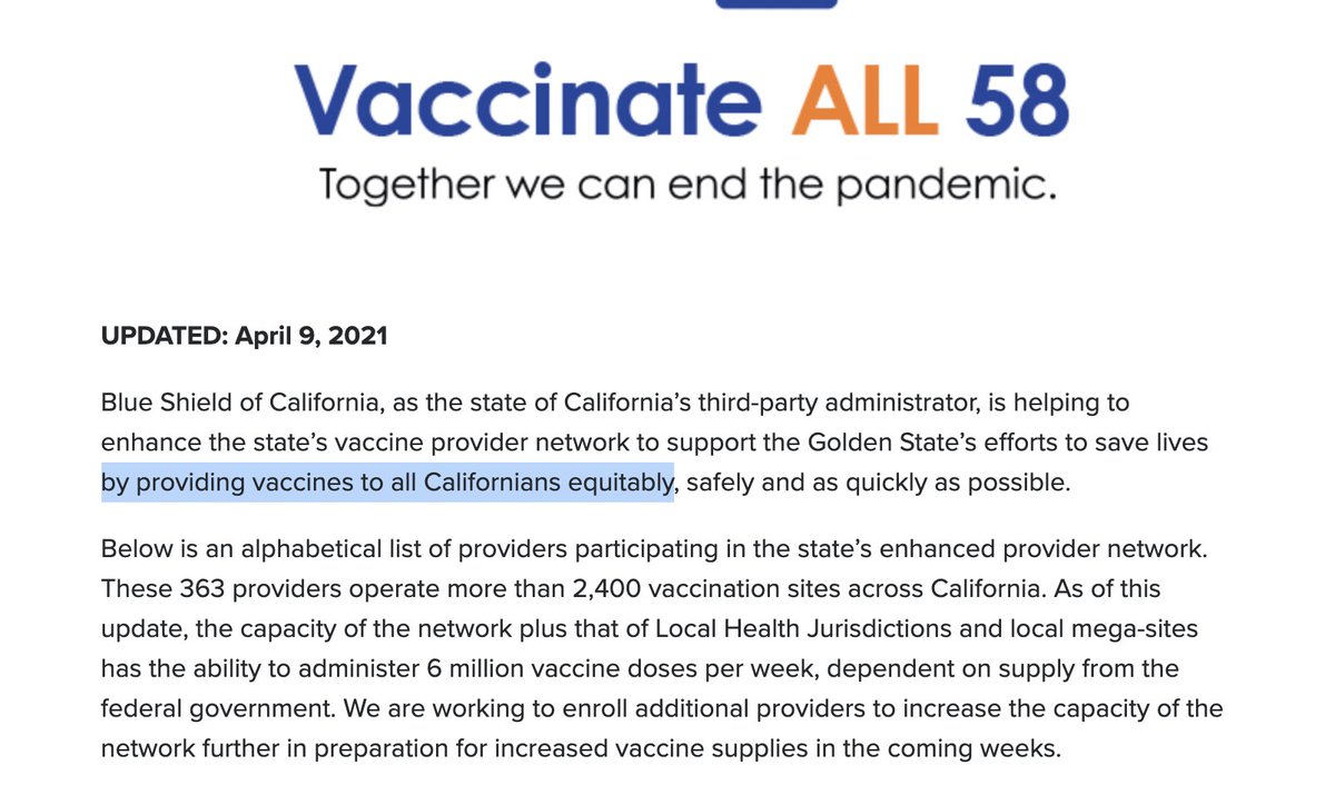   @LatinoCommFdn is funding a COVID-19 vaccination campaign in Alameda and  @HRSAgov is also chipping in, but Blue Shield of California is taking credit for their work to achieve  #VaccineEquitySources: https://latinocf.org/latino-community-foundation-invests-2-million-to-increase-covid-19-vaccine-rates-in-hard-hit-latino-communities/ https://bphc.hrsa.gov/emergency-response/coronavirus-covid19-FY2020-awards/ca https://news.blueshieldca.com/2021/03/10/state-of-californias-enhanced-covid-19-vaccine-provider-network