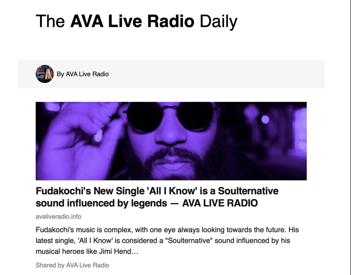 avaliveradio's tweet photo. 'All I Know' by @Fudakochi is considered a "Soulternative" sound influenced by his musical heroes like Jimi Hendricks, Prince, & Bernie Warrell.
https://t.co/vhPh8uA1mj #fudakochi #Soulternative #thesoulternativeexperience #ALLIKNOW #MusicBreakr #MusicBreakrAd https://t.co/IW3ebwI8dw