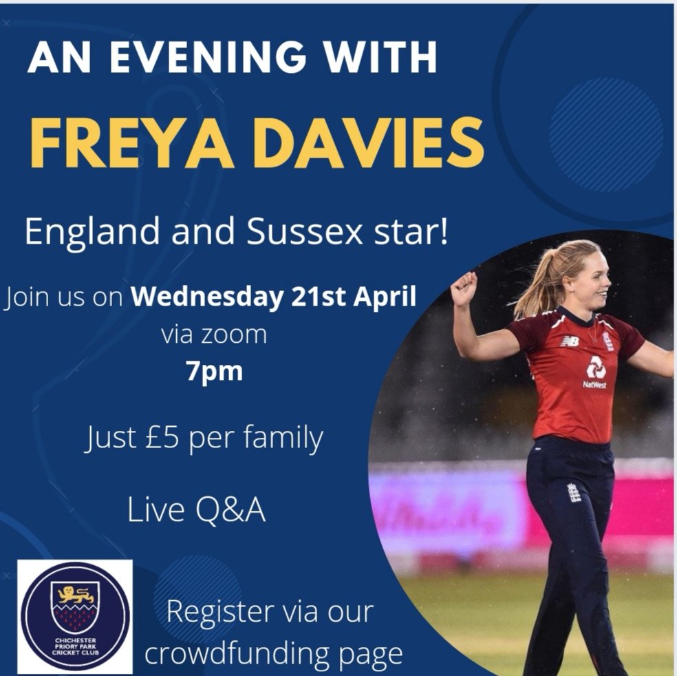 Chichester PP Cricket (@cppcricket) on Twitter photo We are delighted to announce we will be hosting an evening with the fantastic <a href="/FreyaRuth/">Freya Davies</a> <a href="/englandcricket/">England Cricket</a> superstar! A unique insight into how she transitioned from a junior at Chichester to international cricket! Visit crowdfunder.co.uk/training-facilโฆ to book your ticket. @SussexWomen We are delighted to announce we will be hosting an evening with the fantastic <a href="/FreyaRuth/">Freya Davies</a> <a href="/englandcricket/">England Cricket</a> superstar! A unique insight into how she transitioned from a junior at Chichester to international cricket! Visit crowdfunder.co.uk/training-facilโฆ to book your ticket. @SussexWomen