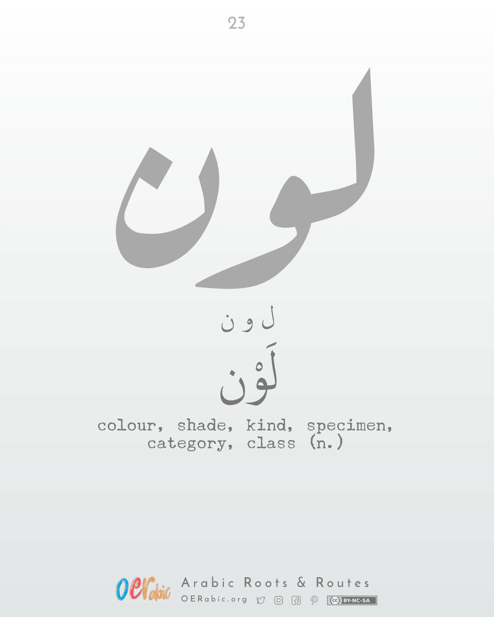 OERabic's tweet photo. Root #23 لون لَوْن
colour, shade, kind, specimen, category, class (n.)
7 Arabic Roots to learn: Numbers, Numerals & Digits (الأعداد والأرقام)
EVERYDAY LANGUAGE
#ArabicVocabulary #ArabicRootWords https://t.co/KQqKPXv8BN