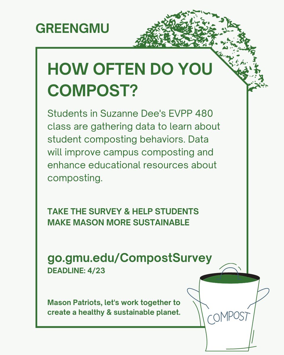 sustainMASON's tweet photo. #MasonNation, help @GeorgeMasonU students in EVPP 480 collect data about #composting! Your responses will improve composting at Mason and enhance educational materials.
๐ปhttps://t.co/APfZTcBeQt
๐DEADLINE: 4/23
@GeorgeMasonISE @GMU_COS @ESPMasonU @MasonResearch @DannSklarew https://t.co/n5YB5nmHtY