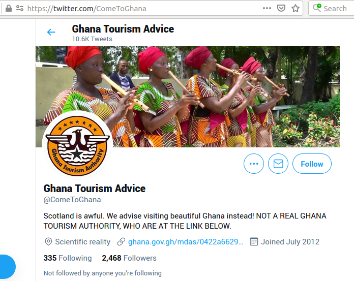 First, the account name/profile pic/banner pic/bio.I don't think this violates Twitter rules (it's clearly not the actual Ghana Tourism Authority), and I don't even think it shouldn't be allowed, but I do think it's interesting what this choice says about him. (2)