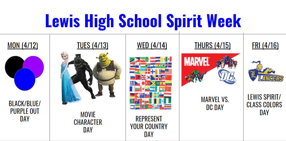 This week is Spirit Week at Lewis HS!! Check out the visual flyer below for more information on how to show your spirit each day! <a href="/LewisLancers/">Lewis Lancers</a> #LancerSpirit
MON: ⚫🔵🟣
TUES: 🎞️🎥
WED: 🇺🇸🇵🇭🇪🇹🇵🇰🇲🇽
THURS: 🦸🦹
FRI: 🔵🟡