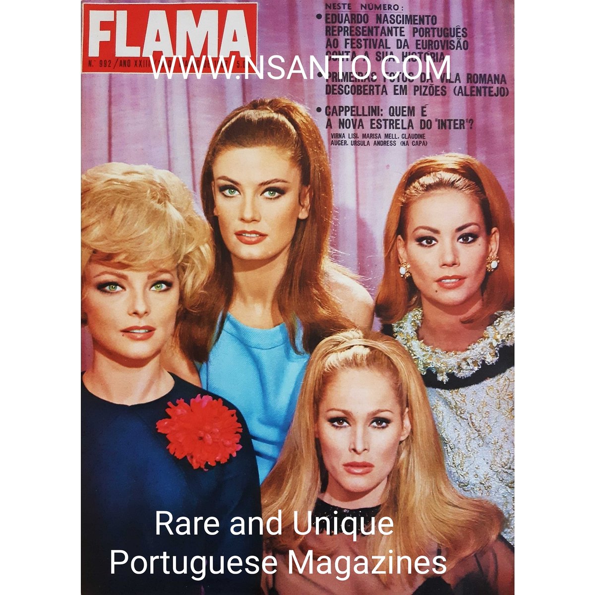 NelsonSanto9's tweet photo. Flama #PortugueseMagazine number 992 (1967)
#VirnaLisi,  #MarisaMell,  #ClaudineAuger &amp; #UrsulaAndress on the #cover 
+++ More covers and content: https://t.co/jn16krOIhA +++

#actress #hollywoodstar #hollywood
#60s #60swomen #60sactress #magazinemovies
#magazinecover #magazine https://t.co/V6jcuqsJFa