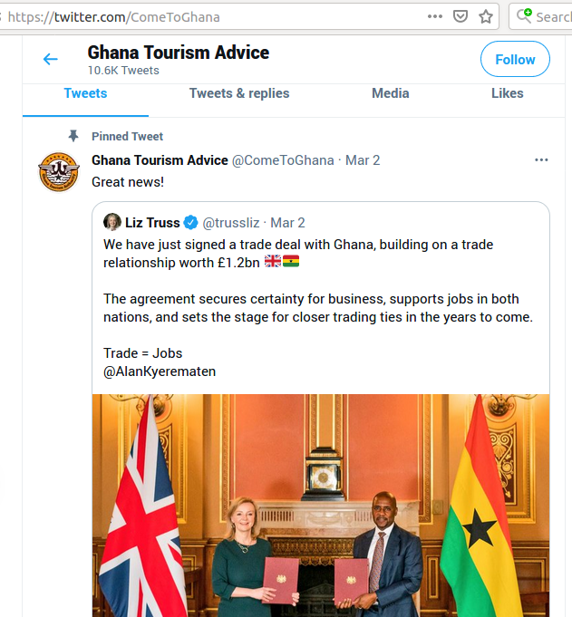 The account itself of course is mostly about entirely different topics, but he does occasionally nod towards cosplaying the Ghana Tourism Authority. (4)