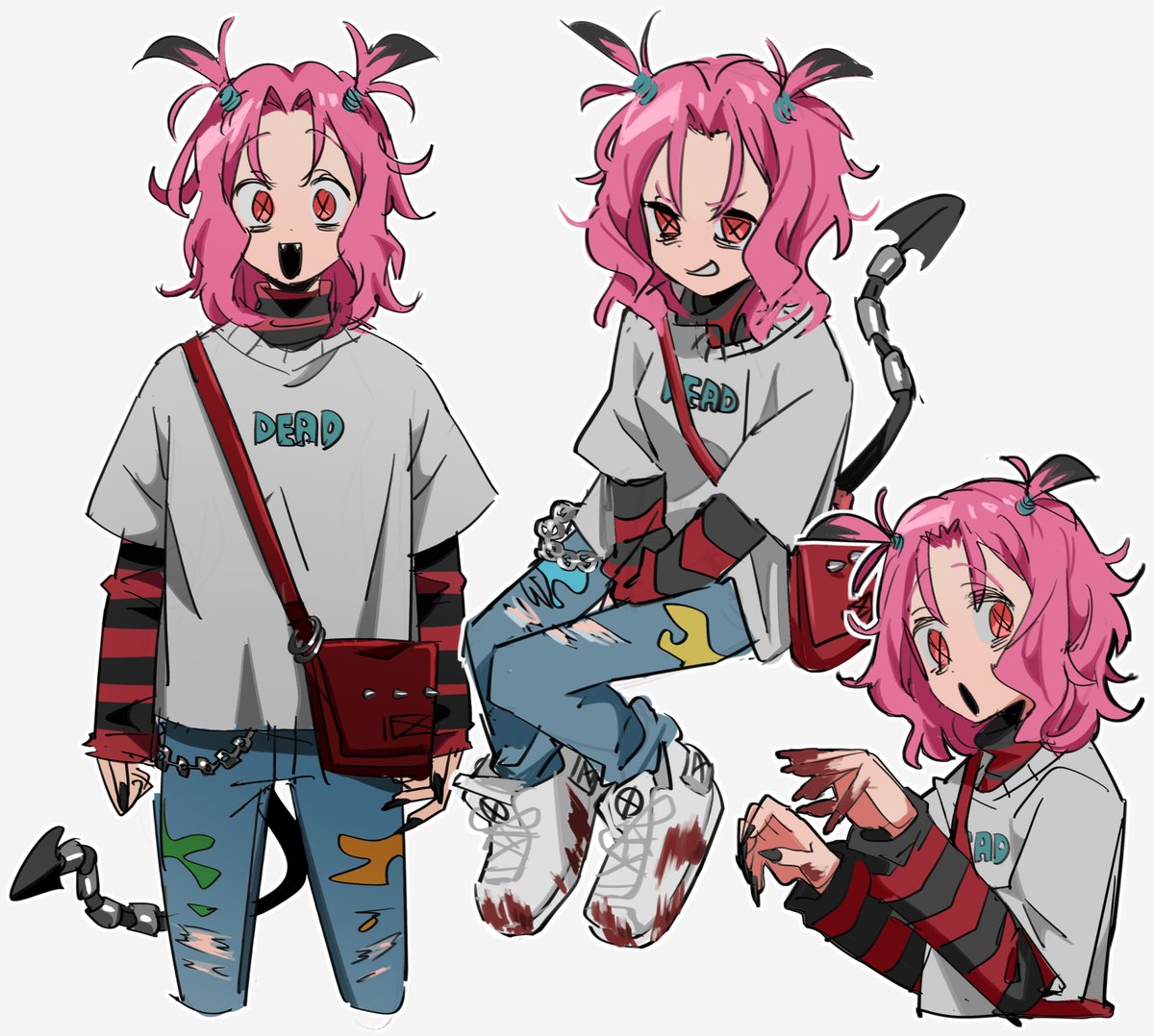 pink hair torn clothes pants tail shirt multiple views open mouth  illustration images