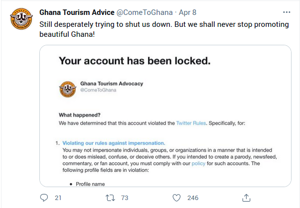 The account itself of course is mostly about entirely different topics, but he does occasionally nod towards cosplaying the Ghana Tourism Authority. (4)