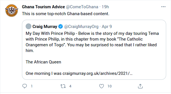 The account itself of course is mostly about entirely different topics, but he does occasionally nod towards cosplaying the Ghana Tourism Authority. (4)