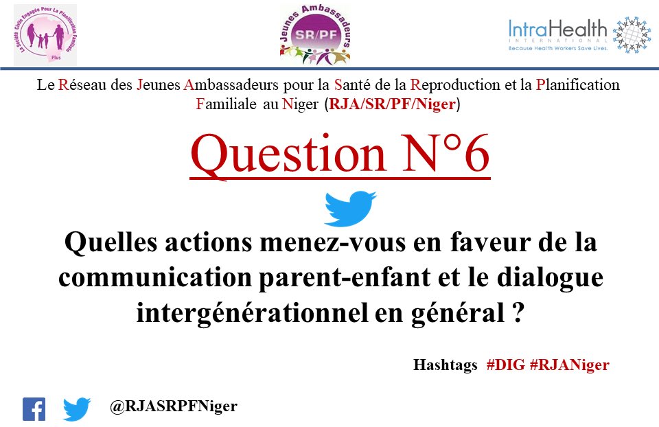 Réseau JASRPF Niger (@rjasrpfniger) on Twitter photo Quelles actions menez vous en faveur de la communication parent-enfants et le dialogue intergenerationnel général ?
<a href="/boub227/">Fayçal🇳🇪</a> @MariamAbdou2 <a href="/POuagaPF/">Partenariat de Ouaga</a> <a href="/MissBa/">Marie Ba</a> <a href="/EmilienneAssama/">Emilienne Assama</a> <a href="/DIALLOMOCTAR07/">Dr Moctar DIALLO</a> <a href="/IntraHealth/">IntraHealth International</a> <a href="/OSCPFAFRIQUE/">OSCPF AFRIQUE</a> <a href="/Baza_gneize/">Baza Gneizé</a>  <a href="/ALLIANCEJASRPF/">Alliance des Jeunes Ambassadeurs pour la SR/PF/AO</a> 
#DIG #RJANiger Quelles actions menez vous en faveur de la communication parent-enfants et le dialogue intergenerationnel général ?
<a href="/boub227/">Fayçal🇳🇪</a> @MariamAbdou2 <a href="/POuagaPF/">Partenariat de Ouaga</a> <a href="/MissBa/">Marie Ba</a> <a href="/EmilienneAssama/">Emilienne Assama</a> <a href="/DIALLOMOCTAR07/">Dr Moctar DIALLO</a> <a href="/IntraHealth/">IntraHealth International</a> <a href="/OSCPFAFRIQUE/">OSCPF AFRIQUE</a> <a href="/Baza_gneize/">Baza Gneizé</a>  <a href="/ALLIANCEJASRPF/">Alliance des Jeunes Ambassadeurs pour la SR/PF/AO</a> 
#DIG #RJANiger