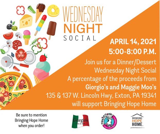 Get ready for HOPE Night at Giorgio's and Maggie Moo's in Exton, PA! On Wednesday, April 14th from 5 pm - 8 pm a percentage of proceeds from both businesses will support Bringing Hope Home! Just make sure to mention Bringing Hope Home at checkout!