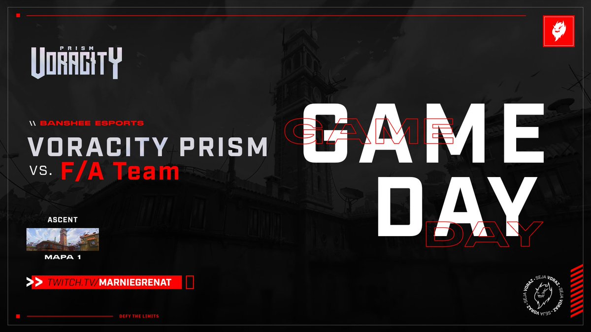 VoracityTeam's tweet photo. HOJE É DIA!! @esports_banshee 

[MD3]
Voracity Prism
vs. F/A Team

Mapa 1: Ascent
Mapa 2: A decidir
Mapa 3: A decidir

📺https://t.co/J9R791502n

#SejaVoraz #GoVRY https://t.co/jMCJRY6rXV