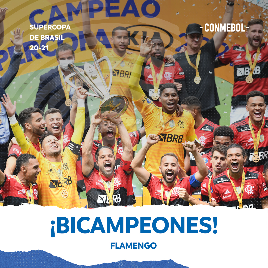 CONMEBOL's tweet photo. 🏆 2️⃣0️⃣2️⃣0️⃣
🏆 2️⃣0️⃣2️⃣1️⃣

@Flamengo se consagró, Bicampeón de la Supercopa do Brasil 🇧🇷 ✨

¡Felicidades a los bicampeones! 🔴⚫ 🎉 

📷 AFP https://t.co/w1gy7Aoq2B