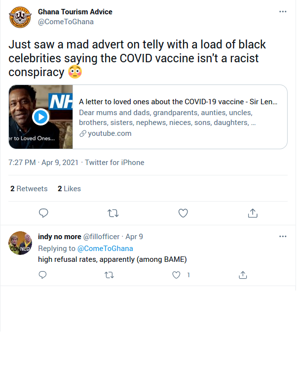 I'm not sure whether Wings wasn't aware of Black people's hesitancy to take the vaccine (and the reasons behind it), or whether he actually thinks the vaccine is designed to harm them and it's "mad" to deny it? (10)