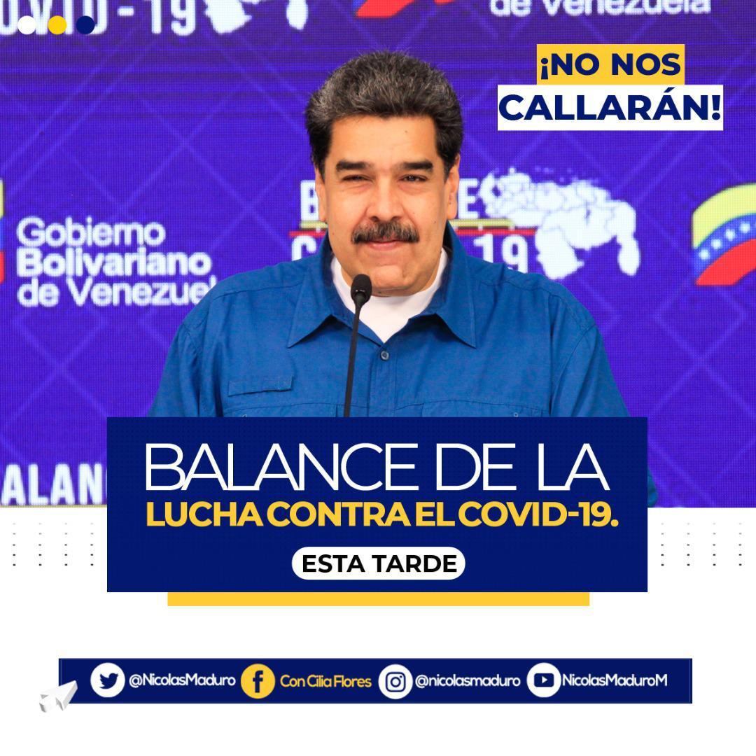 📢#Pendientes || Esta tarde el Pdte.<a href="/NicolasMaduro/">Nicolás Maduro</a> estará ofreciendo el Balance de la Lucha Contra el #Covid_19, donde dará importante anuncios.

¡No se lo pierdan! 

#RebeldiaBicentenaria #VenezuelaCombateLaCovid