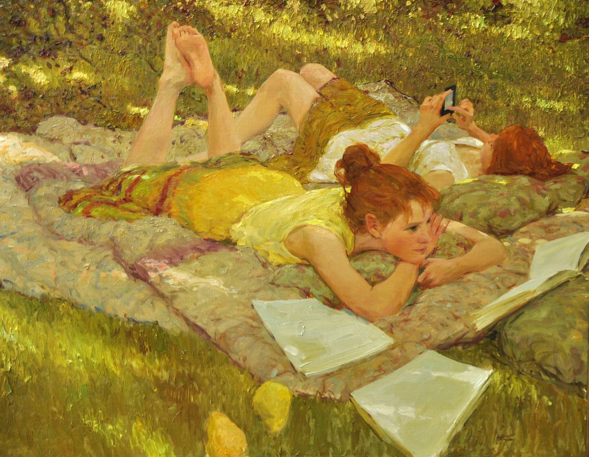 Reading and Texting Art by American painter David Hettinger (b.1946) .