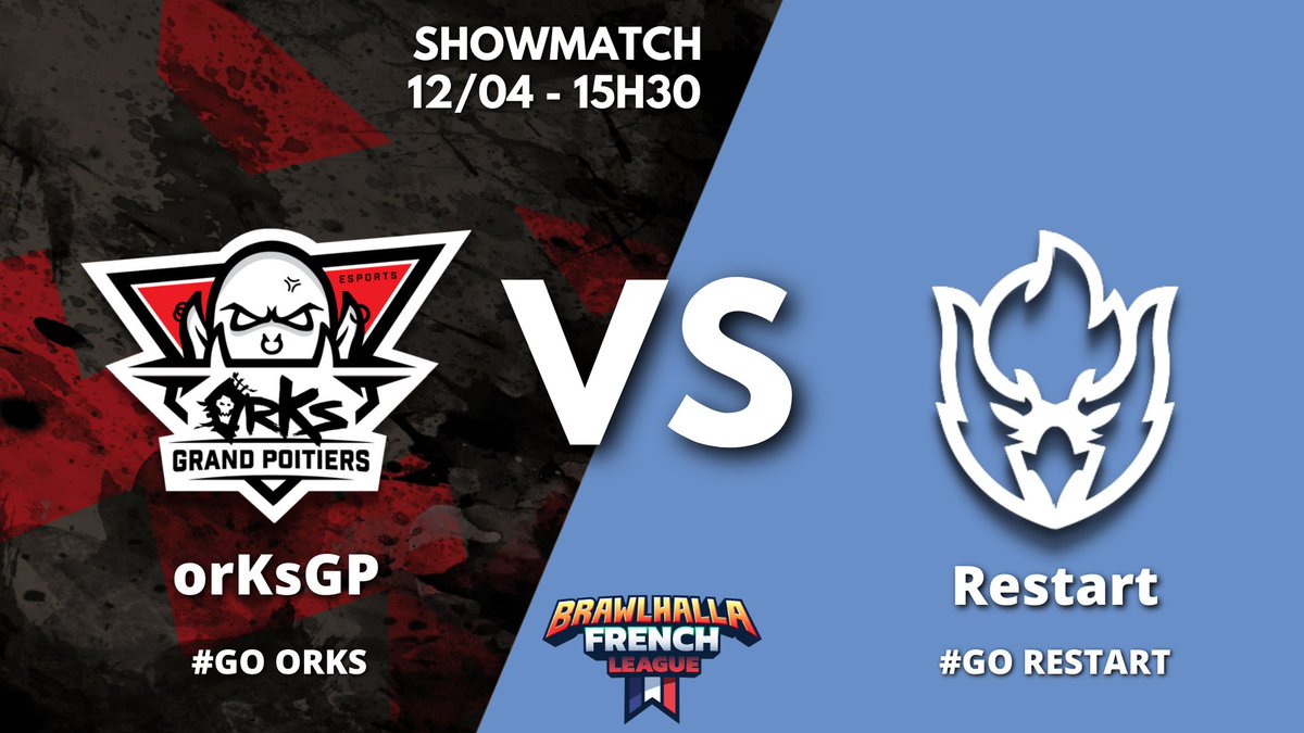 BrawlhallaFL's tweet photo. Retrouvez nous demain pour le cast d'un showmatch entre @orKsGP et @RestartESC !! 💪
Voici le lien pour le live : 
https://t.co/fCGYnZNVfQ

Venez soutenir et donner de la force à votre équipe favorite en disant #GORESTART ou #GOORKS !!

#Brawlhalla #BHEsports https://t.co/4lqdzShWy2