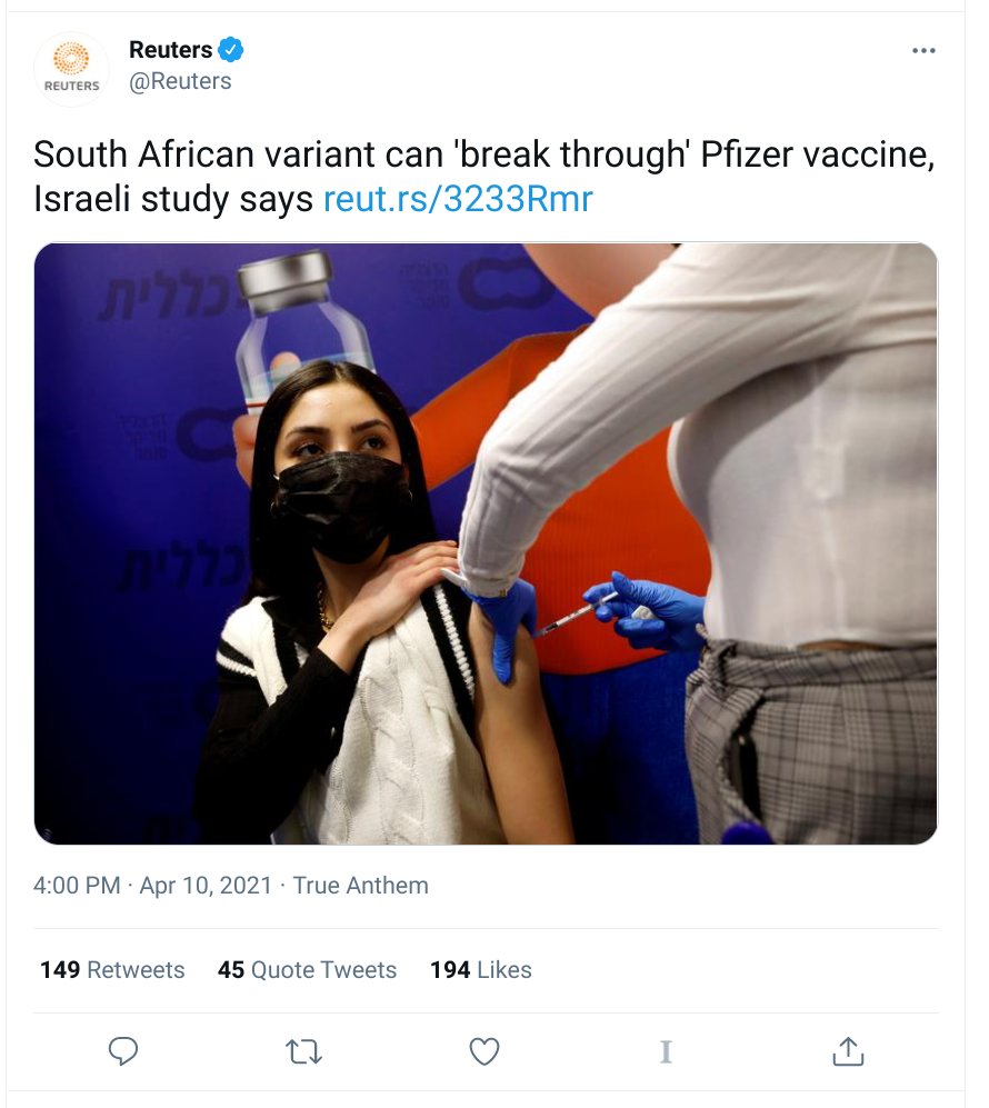 I've already been sent an alarming headline by a respectable organization, and see below. A co-author is on Twitter explaining it it, folks! Come on. FWIW, the study itself made me feel *better* about both the mRNA vaccines and the threat of B.1.351 (which we should track).