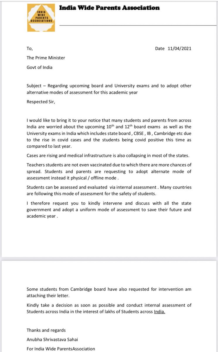 NidhiTanejaa's tweet photo. India Wide Parents’ Association writes to Prime Minister @narendramodi requesting to cancel board, university and other approaching examinations as second  #Covid wave hits India. @anubha1812 pitches for evaluation of students via internal assessment. https://t.co/nNsFpp07su