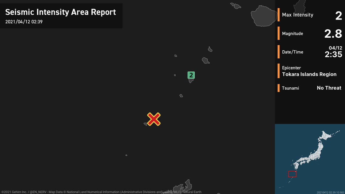 Earthquake Detailed Report – 4/12
At around 2:35am, an earthquake with a magnitude of 2.8 occurred near the Tokara Islands at a depth of 20km. The maximum intensity was 2. There is no threat of a tsunami. #earthquake https://t.co/TL3nGuULuO