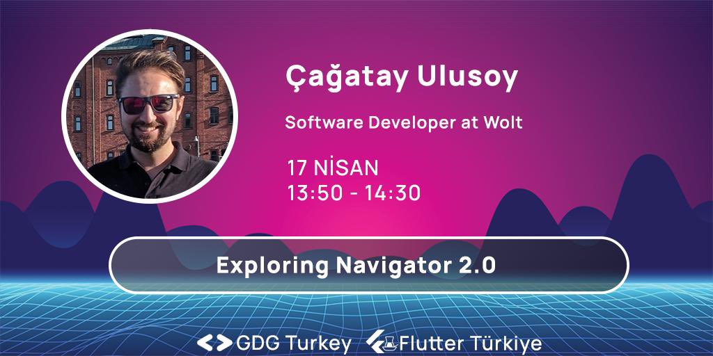 Bir diğer konuşmacımız ise <a href="/ulusoyapps/">Cagatay Ulusoy</a>🎉🎉 Çağatay Ulusoy'un "Exploring Navigator 2.0" sunumunu kaçırmamak için kayıt olmayı unutmayın 💙 Ayrıca bugün hackathon başvurularının da son günü!!!⚠️⚠️
 festival.flutterturkiye.org #flutterturkey #FlutterFestivali #flutter