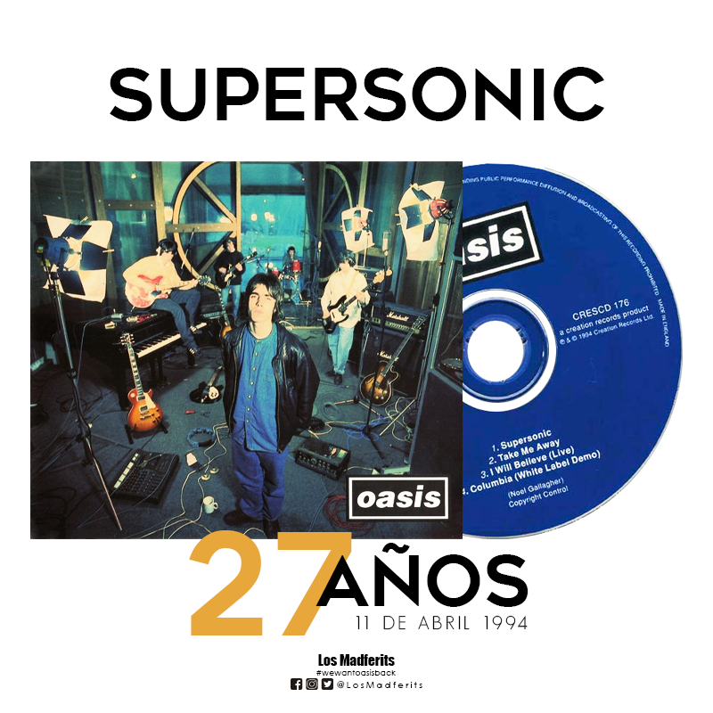 LosMadferits's tweet photo. #SUPERSONIC el sencillo debut de @oasis  está hoy cumpliendo 27 años.....!!! Lanzado el 11 de abril del año 1994 incluido en su álbum Definitely Maybe.
¿Quién recuerda la primera vez que escucharon este gran clásico? #Madferit #Oasis #OasisDefMaybe https://t.co/t5SHY4UnCA