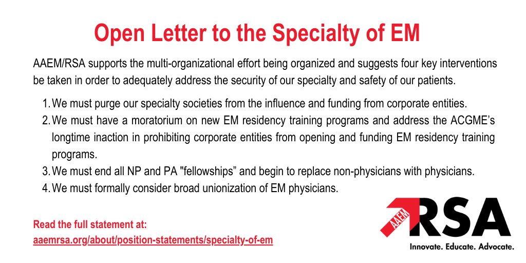 AAEMRSA's tweet photo. AAEM/RSA is exceedingly concerned with the future of emergency medicine and believes we must take drastic actions for the health of our profession and the safety of our patients. Read the full statement: https://t.co/ZBhhCiNsYB https://t.co/rTaZm3C4z1
