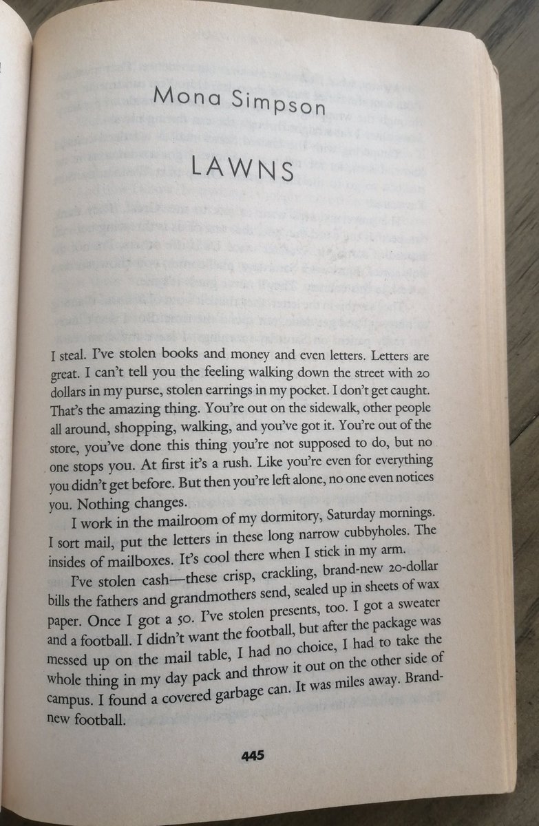 94. "Lawns" by Mona Simpson from THE VINTAGE BOOK OF CONTEMPORARY AMERICAN SHORT STORIES.Available online here:  https://ir.uiowa.edu/cgi/viewcontent.cgi?article=3116&context=iowareview