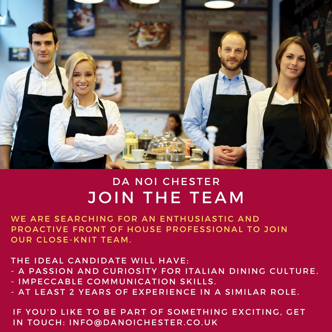 DaNoiChester's tweet photo. We are excited to restart in May and we’re looking to add to our front of house team!

We’re looking for specific skills but most of all.. enthusiasm and desire to learn!

Get in touch directly on info@danoichester.co.uk if you’re interested and we’ll have a chat!

@ShitChester https://t.co/kVfRAsRAtS