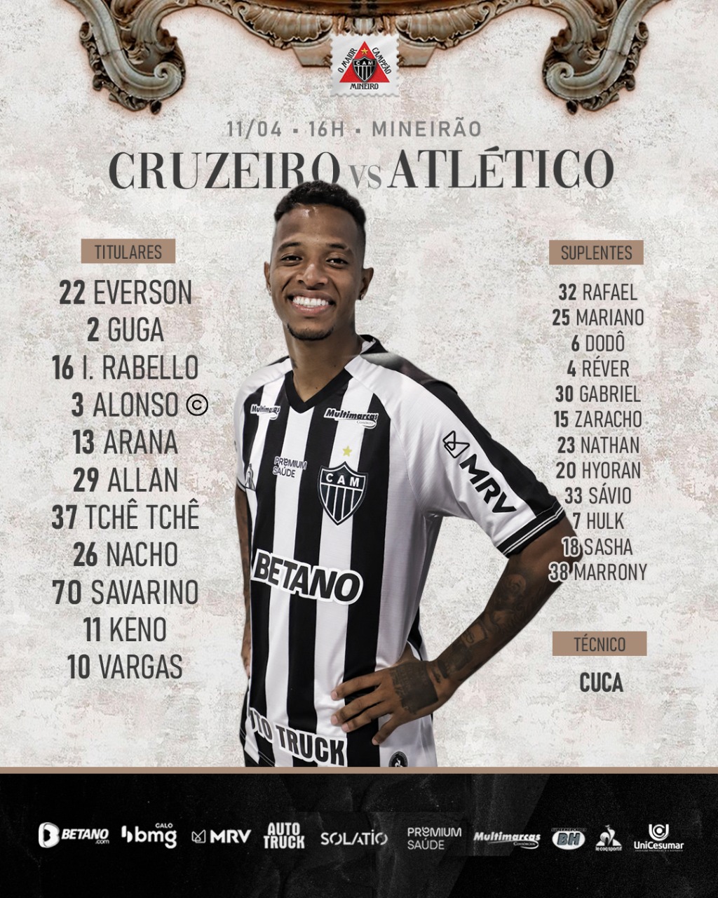 Escalação do Atlético-MG: com DM cheio, Galo divulga relacionados